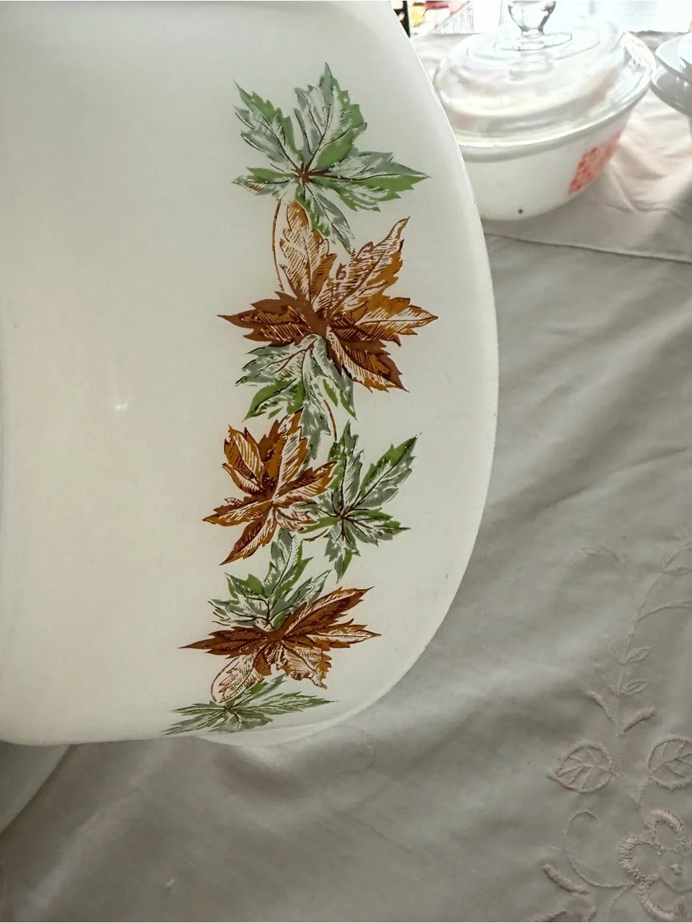 Glasbake White Milk Glass Casserole with Autumn Leaf Motif